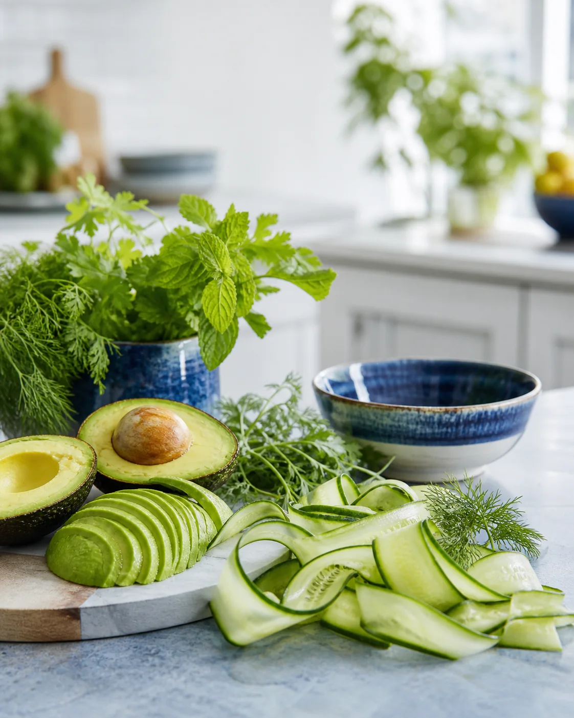 Fresh ingredients prepared in a bright kitchen