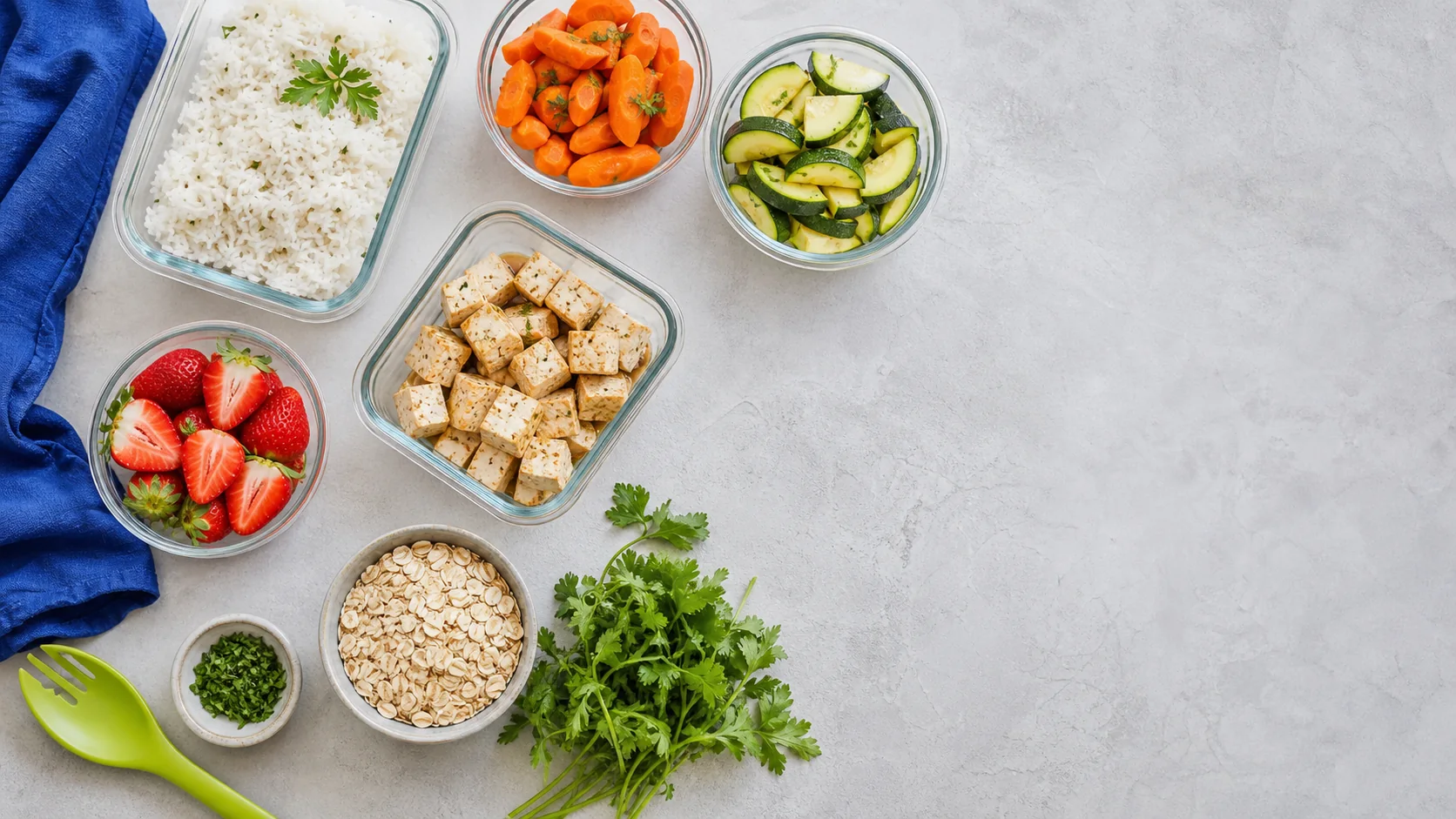 Low FODMAP meal-prep ingredients arranged on a kitchen surface